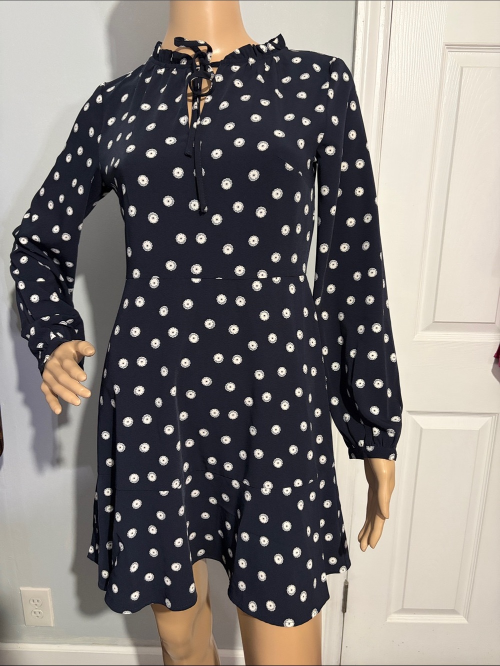 LOFT Navy Long-Sleeve Daisy Print Tie-Neck Dress
